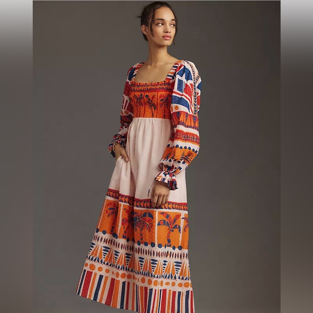 Farm Rio Long Sleeved SmockedPrinted Midi Dress